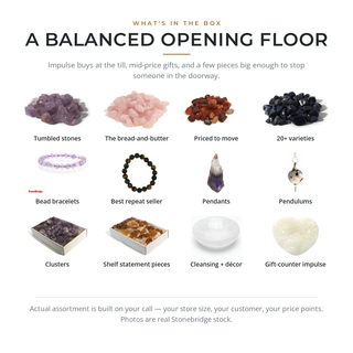 What is in the Crystal Shop-in-a-Box: tumbled stones, bead bracelets, pendants, pendulums, clusters, selenite and druzy hearts