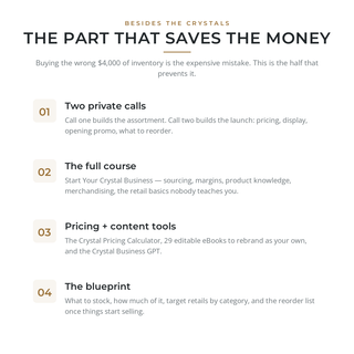 What comes with the Crystal Shop-in-a-Box besides the crystals: two private calls, the course, pricing tools and the opening blueprint