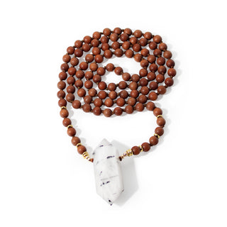 Sandalwood Mala w/ Tourmalinated Quartz DT Point - 8mm - 108 Beads from Stonebridge Imports