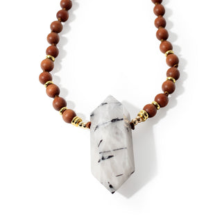 Sandalwood Mala w/ Tourmalinated Quartz DT Point - 8mm - 108 Beads from Stonebridge Imports
