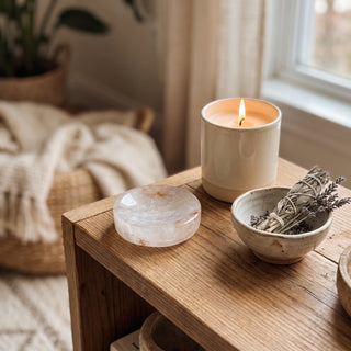 Clear Quartz Round Bowl displayed on a wooden home altar shelf beside a lit candle, shown at true size in warm natural light.