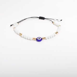Evil Eye Bracelet with Coloured Beads and Cord - Adjustable White and Gold from Stonebridge Imports
