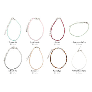 Dainty 2-3mm Bead Bracelet Stacking Set: Amazonite 2-3 mm, Rose Quartz 2-3 mm, Garnet 2-3 mm, Green Aventurine 2-3 mm, Labradorite 2-3 mm, Sunstone 2-3 mm, Tiger's Eye 2-3 mm, White Moonstone 2-3 mm