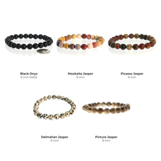 Earthy Bead Bracelet Set: Black Onyx 8 mm Matte, Mookaite Jasper 8 mm, Picasso Jasper 8 mm, Dalmatian Jasper 8 mm, Picture Jasper 8 mm
