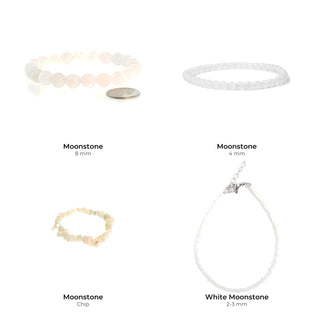 Moonstone Bead Bracelet Size Set: Moonstone 8 mm, Moonstone 4 mm, Moonstone Chip, White Moonstone 2-3 mm
