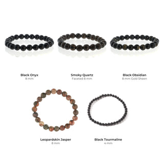 Protection Bead Bracelet Set: Black Onyx 8 mm, Smoky Quartz Faceted 8 mm, Black Obsidian 8 mm Gold Sheen, Leopardskin Jasper 8 mm, Black Tourmaline 4 mm