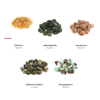 Abundance and Prosperity Tumbled Stones Bundle (5 Bags): Citrine A, Jade Nephrite, Sunstone A, Pyrite Iron Matrix, Chrysoprase A
