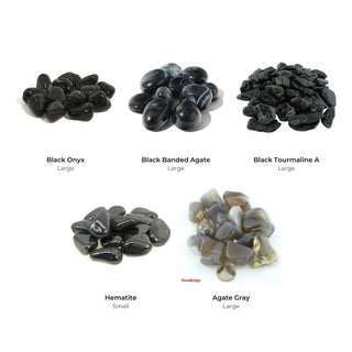 Black and Silver Tumbled Stones Bundle (5 Bags): Black Onyx, Black Banded Agate, Black Tourmaline A, Hematite, Agate Gray