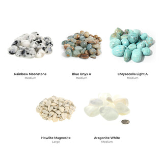 Calm and Peace Tumbled Stones Bundle (5 Bags): Rainbow Moonstone, Blue Onyx A, Chrysocolla Light A, Howlite Magnesite, Aragonite White