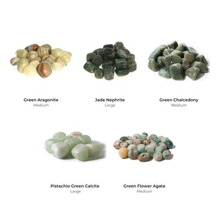 Green Palette Tumbled Stones Bundle (5 Bags): Green Aragonite, Jade Nephrite, Green Chalcedony, Pistachio Green Calcite , Green Flower Agate