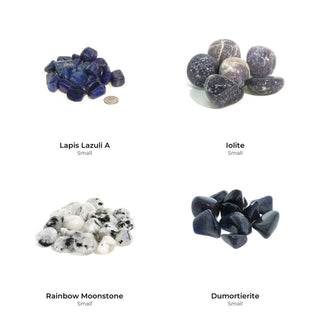 Intuition and Third Eye Tumbled Stones Bundle (4 Bags): Lapis Lazuli A, Iolite, Rainbow Moonstone, Dumortierite