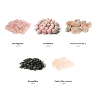 Love and Heart Tumbled Stones Bundle (5 Bags): Rose Quartz, Pink Opal B, Rhodochrosite A, Emerald A, Calcite Mangano A