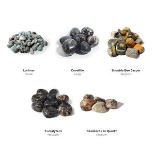 Rare Finds Tumbled Stones Bundle (5 Bags): Larimar, Covellite, Bumble Bee Jasper, Eudialyte B, Cassiterite In Quartz