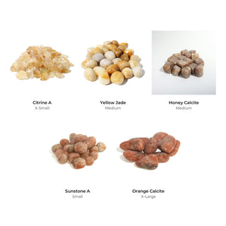 Sunshine Tumbled Stones Bundle (5 Bags): Citrine A, Yellow Jade, Honey Calcite, Sunstone A, Orange Calcite