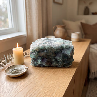 Fluorite Cluster Unique #54 displayed on a warm white-oak console styled as a home altar beside a lit candle and dried eucalyptus, shown at true size in soft natural light.