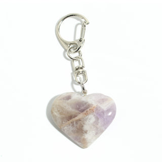 Amethyst Chevron Heart Charm - Pack of 5 - a single polished banded chevron amethyst heart from the pack on its silver-tone swivel clasp and keyring, photographed on a clean white background. Stonebridge Imports.