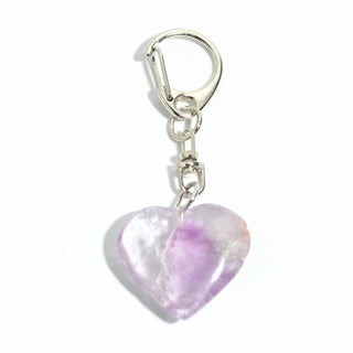 Amethyst Heart Charm - Pack of 5 - a single polished pale lilac amethyst heart from the pack on its silver-tone swivel clasp and keyring, photographed on a clean white background. Stonebridge Imports.