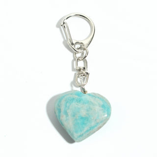 Amazonite Heart Charm - Pack of 5 - a single polished turquoise amazonite heart from the pack on its silver-tone swivel clasp and keyring, photographed on a clean white background. Stonebridge Imports.
