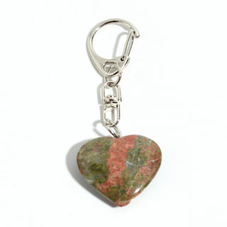 Unakite Heart Charm - Pack of 5 - a single polished green-and-salmon unakite heart from the pack on its silver-tone swivel clasp and keyring, photographed on a clean white background. Stonebridge Imports.