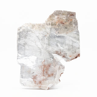 Selenite Window Slab Unique #18 - 21", a stepped cross-shaped slab, silvery-white with rust-red mineral inclusions, photographed on a clean white background. Stonebridge Imports.