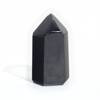 #5 - 150g to 249.9g — Black Obsidian Generator, polished six-sided tower with a faceted point, seen from a second angle, photographed on a clean white background. Stonebridge Imports.