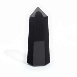 #6 - 250g to 399.9g — Black Obsidian Generator, polished six-sided tower with a faceted point, photographed on a clean white background. Stonebridge Imports.