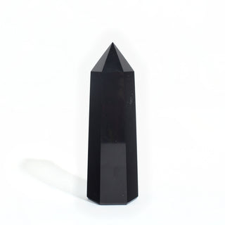 #6 - 250g to 399.9g — Black Obsidian Generator, polished six-sided tower with a faceted point, seen from another angle, photographed on a clean white background. Stonebridge Imports.