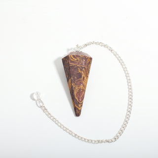 Snake Jasper Pendulum 6 Facet & Bead - 3 Pack, one swirled snake jasper pendulum with its chain and bead handle, on a clean white background. Stonebridge Imports.