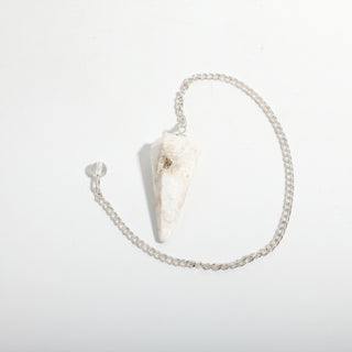 Scolecite Pendulum 6 Facet & Bead - 3 Pack, one milky white scolecite pendulum with its chain and bead handle, on a clean white background. Stonebridge Imports.