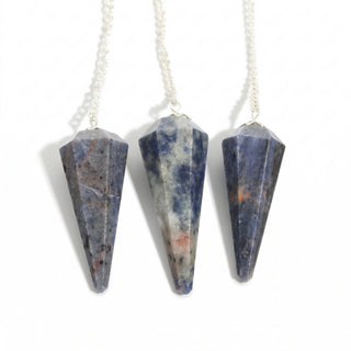 Sodalite Pendulum 6 Facet & Bead - 3 Pack, three deep blue sodalite pendulums hanging side by side on a clean white background. Stonebridge Imports.