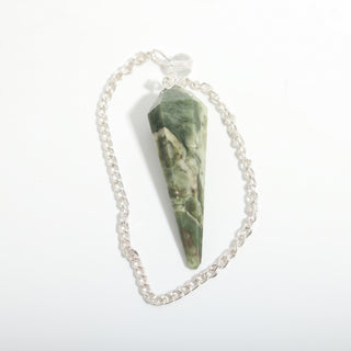 Vessonite Pendulum 6 Facet & Bead - 3 Pack, one mottled green vessonite pendulum with its chain and bead handle, on a clean white background. Stonebridge Imports.