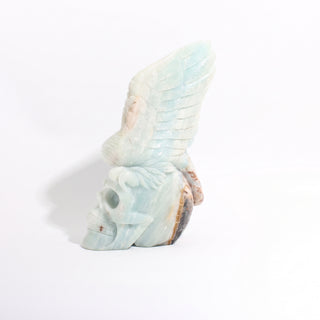 Amazonite Bird Skull Carving Unique, alternate angle photographed on a clean white background. Stonebridge Imports.