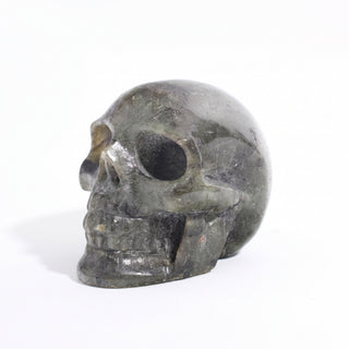 Labradorite Skull Carving Unique #5, alternate angle photographed on a clean white background. Stonebridge Imports.