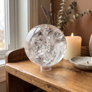 Clear Quartz Sphere Unique #18 - 6 1/4" displayed on a wooden home altar shelf beside a candle, shown at true size in warm natural light.
