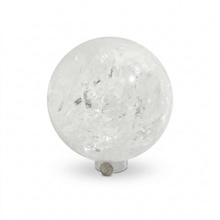 Clear Quartz Sphere Unique #18 - 6 1/4", a polished clear quartz sphere on a clear display stand shown from an alternate angle on a clean white background. Stonebridge Imports.
