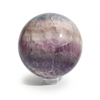 Fluorite Green and Purple Sphere Unique #10, alternate angle showing deep purple and violet banded fluorite with amber-gold seams, on a clean white background. Stonebridge Imports.
