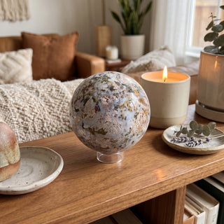 Sea Jasper Sphere Unique #1 displayed on a wooden home altar shelf beside a candle, shown at true size in warm natural light.