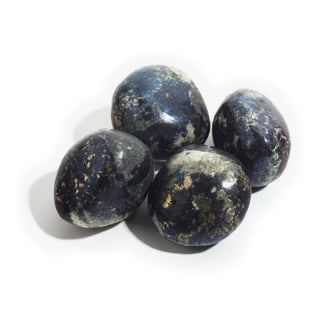 Extra Large — Covellite Tumbled Stones, four chunky midnight-blue stones scattered with brassy gold pyrite patches, photographed on a clean white background. Stonebridge Imports.