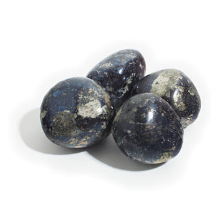 Extra Large — Covellite Tumbled Stones, four large polished indigo-black stones with bright gold pyrite inclusions, photographed on a clean white background. Stonebridge Imports.