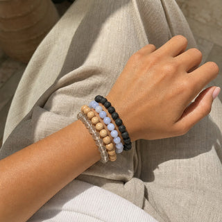 Blue Lace Agate bead bracelet stacked with other bead bracelets on the wrist