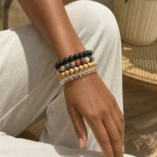 Botswana Agate bead bracelet stacked with other bead bracelets on the wrist