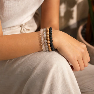 Druzy Agate bead bracelet stacked with other bead bracelets on the wrist