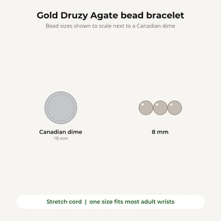 Gold Druzy Agate bead bracelet bead sizes shown to scale next to a Canadian dime