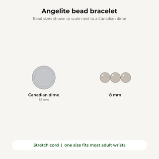 Angelite bead bracelet bead sizes shown to scale next to a Canadian dime
