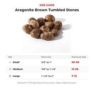 Aragonite Brown Tumbled Stones size guide: stone size and number of stones per bag