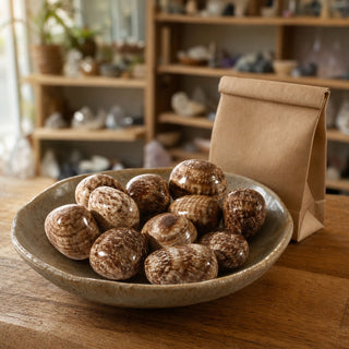 Aragonite Brown Tumbled Stones in a ceramic bowl on a shop counter
