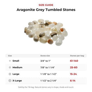 Aragonite Grey Tumbled Stones size guide: stone size and number of stones per bag