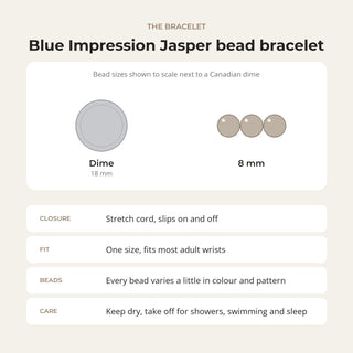Blue Impression Jasper bead bracelet card: bead sizes shown next to a Canadian dime, closure, fit and care