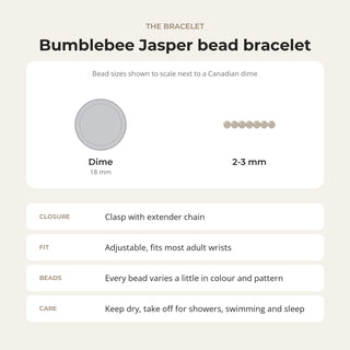 Bumblebee Jasper bead bracelet card: bead sizes shown next to a Canadian dime, closure, fit and care