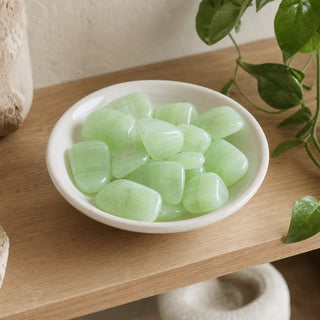 Calcite, Pistachio Green Tumbled Stone - Single Piece in a stoneware dish on a shop shelf
